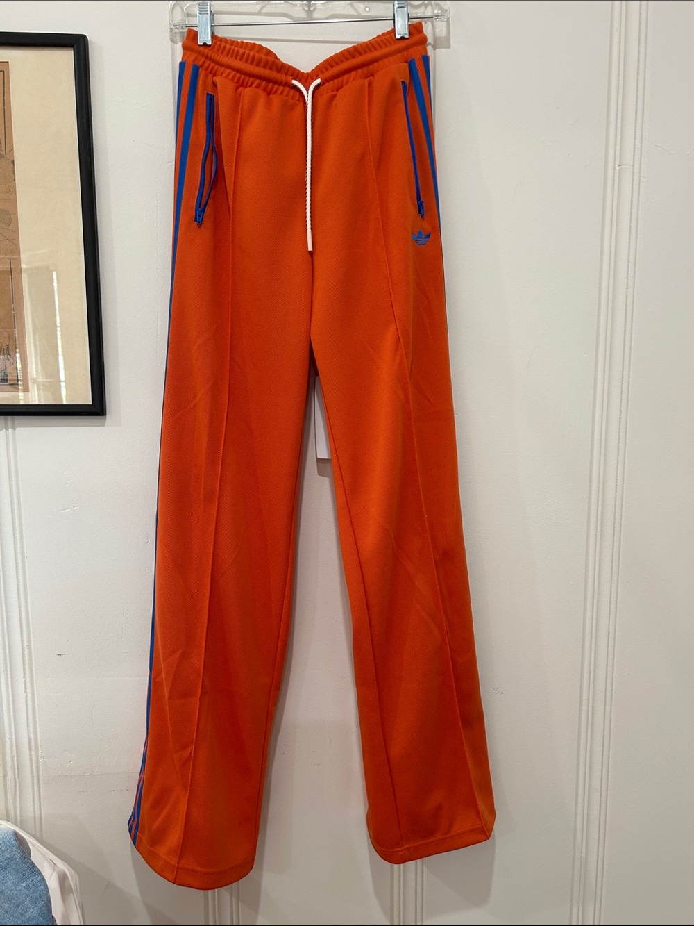 adidas Orange Track Pants with Blue Stripes and Drawcord